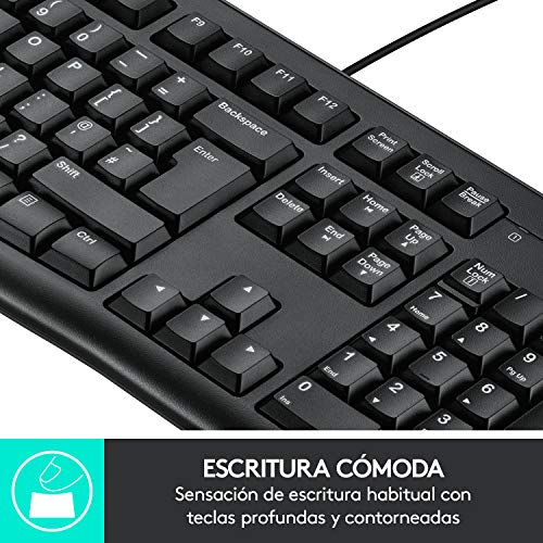 Logitech K120 Teclado con Cable para Windows, Tamaño Normal, Resistante a Líquido, Barra Espaciadora Curvada, PC/Portátil, Disposición QWERTY Español, color Negro