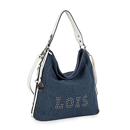 Lois - Bolso Bandolera de Mujer Tipo Hobo. Cierre Cremallera. Lino y Cuero PU Polipiel. Logo con Remaches. Pequeño Cómodo y Práctico para Uso Diario. 301070, Color Azul