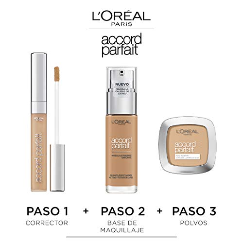 L'Oréal Paris Accord Parfait, Base de maquillaje acabado natural con ácido hialurónico, tono piel medio 5D, 30 ml