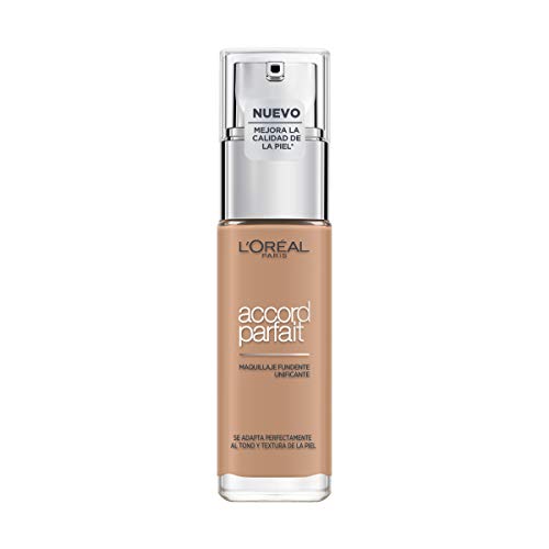 L'Oréal Paris Accord Parfait, Base de maquillaje acabado natural con ácido hialurónico, tono piel medio 5D, 30 ml