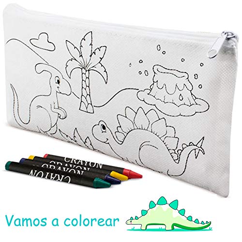 Lote 30 Estuches para Colorear Dinosaurios con 4 Ceras. Regalos para cumpleaños niños. Detalles Infantiles para colegios, guardería.