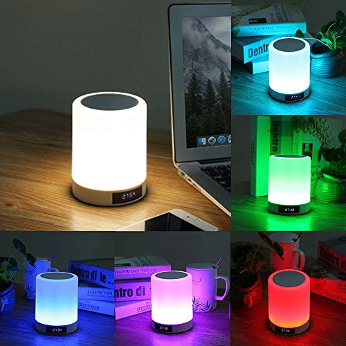 Luces nocturnas Altavoz Bluetooth, Ranipobo Sensor táctil Lámpara de cabecera con reloj despertador, Reproductor de música MP3,Radio FM, Lámpara LED de control táctil Regulable Luces cálidas 7 colores