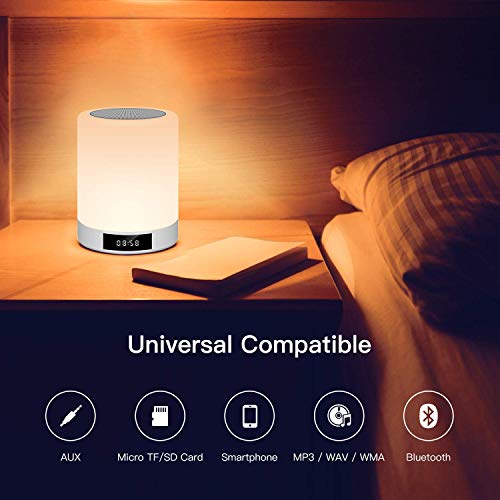 Luces nocturnas Altavoz Bluetooth, Ranipobo Sensor táctil Lámpara de cabecera con reloj despertador, Reproductor de música MP3,Radio FM, Lámpara LED de control táctil Regulable Luces cálidas 7 colores