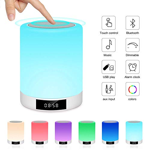 Luces nocturnas Altavoz Bluetooth, Ranipobo Sensor táctil Lámpara de cabecera con reloj despertador, Reproductor de música MP3,Radio FM, Lámpara LED de control táctil Regulable Luces cálidas 7 colores