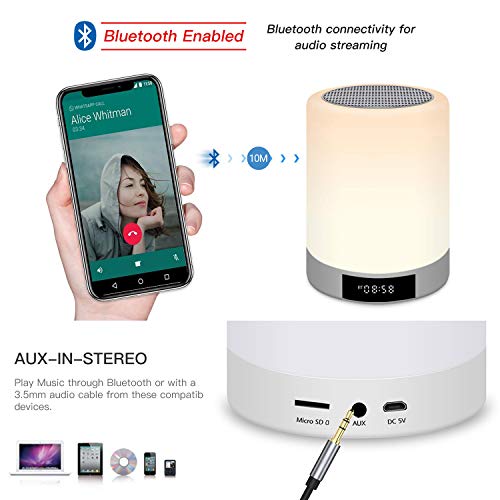 Luces nocturnas Altavoz Bluetooth, Ranipobo Sensor táctil Lámpara de cabecera con reloj despertador, Reproductor de música MP3,Radio FM, Lámpara LED de control táctil Regulable Luces cálidas 7 colores