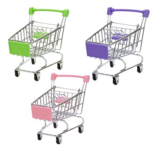 Lurrose 3 unids Mini Carrito de la compra Maquillaje Esponja Holder Cosméticos Almacenamiento Carro de supermercado Los niños pretenden jugar juguete de hierro carro