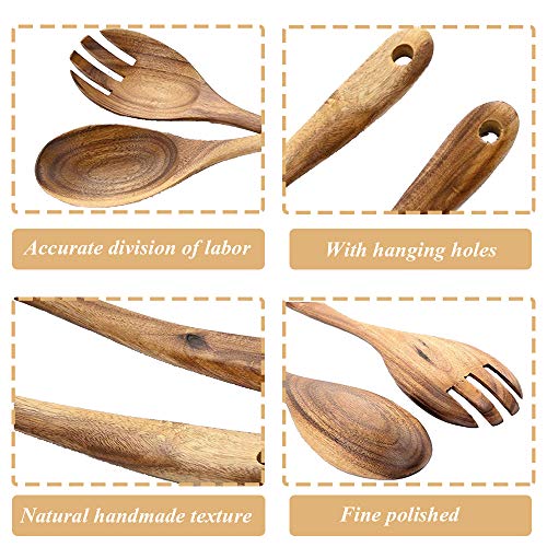 LWZko 2 Piezas Servidores Ensalada Madera, Tenedor de Ensalada de Madera, Natural Madera de Acacia Portátil Hecho a Mano Ensalada Cucharas Tenedor para Hacer Ensaladas, Utensilios de Cocina