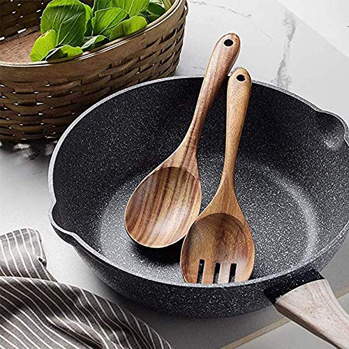 LWZko 2 Piezas Servidores Ensalada Madera, Tenedor de Ensalada de Madera, Natural Madera de Acacia Portátil Hecho a Mano Ensalada Cucharas Tenedor para Hacer Ensaladas, Utensilios de Cocina