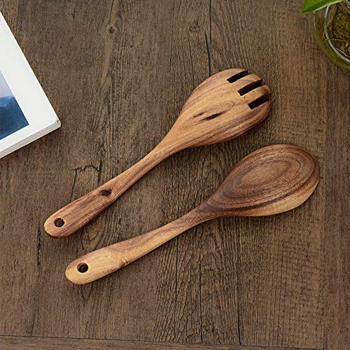 LWZko 2 Piezas Servidores Ensalada Madera, Tenedor de Ensalada de Madera, Natural Madera de Acacia Portátil Hecho a Mano Ensalada Cucharas Tenedor para Hacer Ensaladas, Utensilios de Cocina