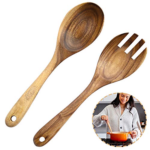 LWZko 2 Piezas Servidores Ensalada Madera, Tenedor de Ensalada de Madera, Natural Madera de Acacia Portátil Hecho a Mano Ensalada Cucharas Tenedor para Hacer Ensaladas, Utensilios de Cocina