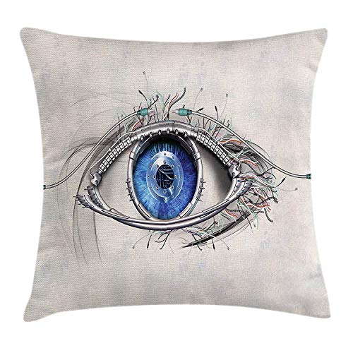 Mabell for Couch Car No Insert Decorative Throw Pillow Case Cushion Cover for Car Eye Futuristic Style a Mechanic Sight in Direct Eye Contact Science and Engineering Beige Navy Blue 18" x 18"