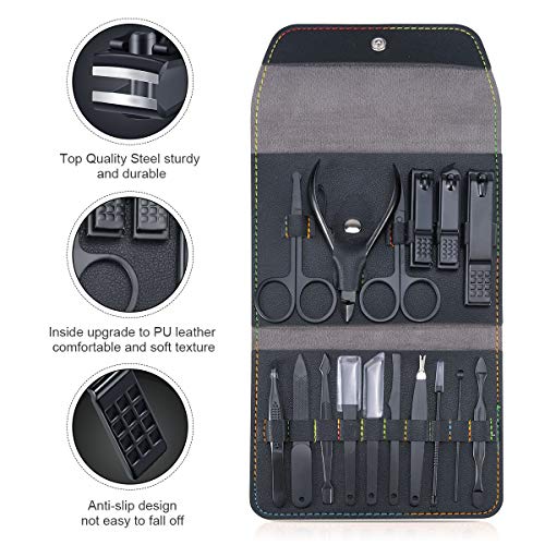 Manicura Pedicura Set 16 PCS Profesional Cortaúñas Acero Inoxidable Grooming Kit - Con Estuche De Viaje De Cuero Lujoso（Negro）