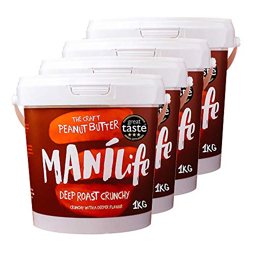 ManiLife Mantequilla de Cacahuete 4kg - Crunchy Peanut Butter - Natural, de origen único, sin aditivos, sin azúcar añadida, sin aceite de palma - Crujiente Tostado Profundo - (4 x 1kg)