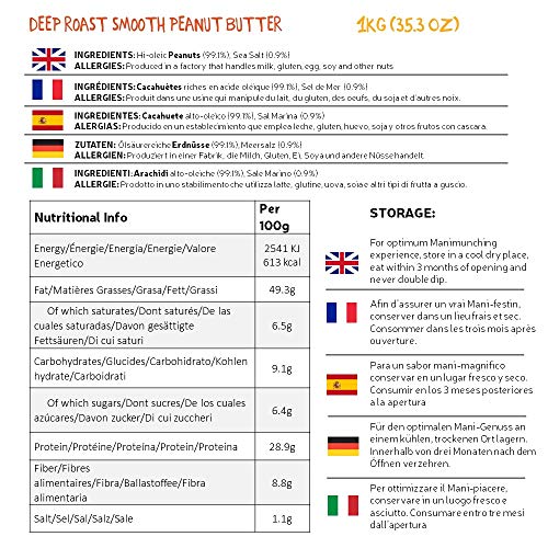 ManiLife Mantequilla de Cacahuete - Peanut Butter - Natural, de Origen único, sin Aditivos, sin Azúcar Añadida, sin Aceite de Palma - Cremoso Tostado Profundo - (1 x 1kg)