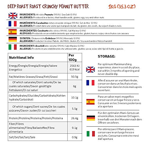 ManiLife Mantequilla de Cacahuete - Peanut Butter - Natural, de Origen único, sin Aditivos, sin Azúcar Añadida, sin Aceite de Palma - Crujiente Tostado Profundo - (1 x 1kg)