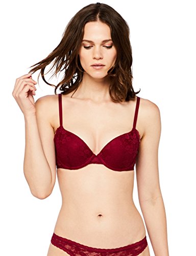 Marca Amazon - IRIS & LILLY Sujetador de Encaje Push Up Mujer, Rojo (Beet Red), 90C, Label: 34C