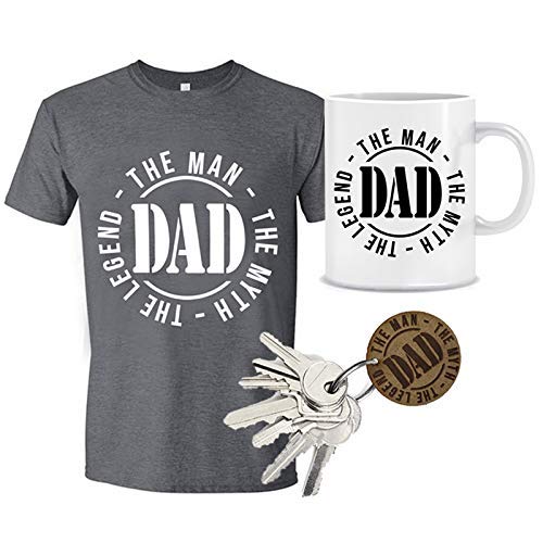 MIMUSELINA Regalo Padres Primerizos | Regalo Original para Papas | Pack Dia del Padre de Camiseta (Talla L), Taza y Llavero de Madera Dad, con Sello