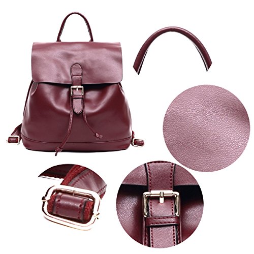 Mochilas Cuero para Mujer Casual Vino Rojo Grande Mochila de Piel Auténtica de Cuerdas Bolso Bandolera de Moda Urbana Escolar Universidad Chica Adolescentes