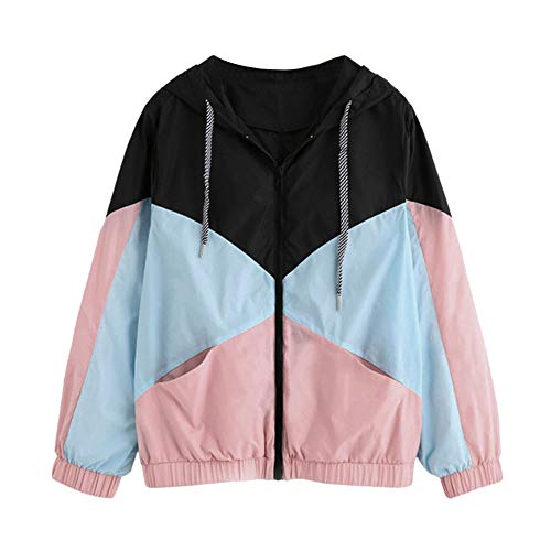 Moda Sudadera Mujer con Capucha Abrigo de Otoño Tops de Manga Larga Patchwork Chaqueta de Cremallera Outwear Tops Camiseta Suelto Baseball Chaqueta vpass