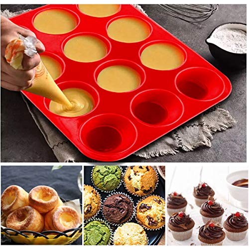 Molde de Silicona Grande para 12 Magdalenas, Bandejas para Hornear Muffin con Recubrimiento Antiadherente para Muffins, Cupcake, Brownie, Budín 33 x 25x 3 cm (Rojo)