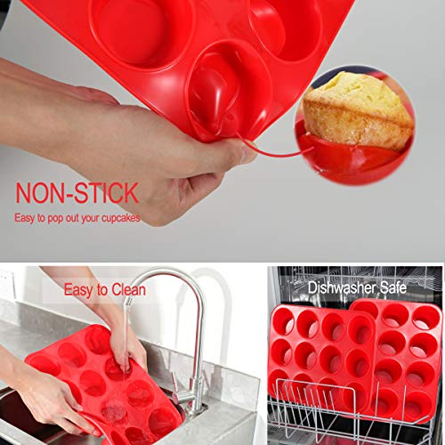 Molde de Silicona Grande para 12 Magdalenas, Bandejas para Hornear Muffin con Recubrimiento Antiadherente para Muffins, Cupcake, Brownie, Budín 33 x 25x 3 cm (Rojo)