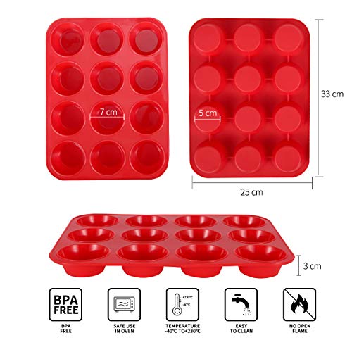 Molde de Silicona Grande para 12 Magdalenas, Bandejas para Hornear Muffin con Recubrimiento Antiadherente para Muffins, Cupcake, Brownie, Budín 33 x 25x 3 cm (Rojo)