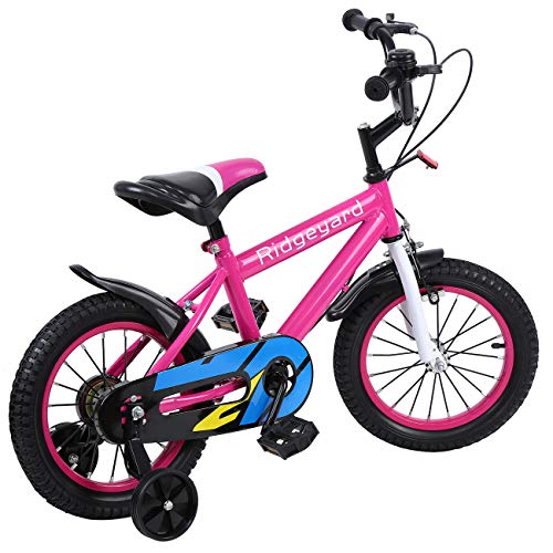 MuGuang 14 Pulgadas Bicicleta Infantil Estudio Aprendizaje Montar a Caballo Bicicleta niños niñas Bicicleta con ruedines con Campana por 3-8 años (Rosa Rojo)