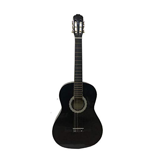 NAVARRA NV14PK - Guitarra acustica STARTER PACK 3/4 negro con bordes crema, Cliptuner pantalla LCD de aguja con iluminación de fondo, 2 Púa