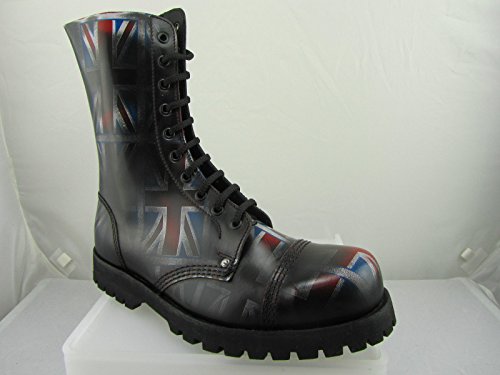 New STEELGROUND Botas Anfibios Unisex Militar Combat Piel Vera 10 Agujeros Negro Tonos Bandera INGLÉS Fashion Rock Moto Punk Ska Super Resistente Punta DE Hierro