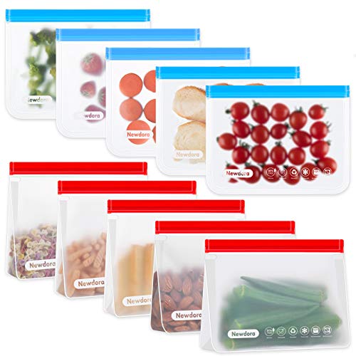 Newdora Bolsas de Silicona Reutilizables 10 Pack, Bolsas Congelar Reutilizables para Almacenamiento de Alimentos, Bolsas de conservación, Bolsas Reutilizables para Fruta Sándwiches Verduras, Sin BPA