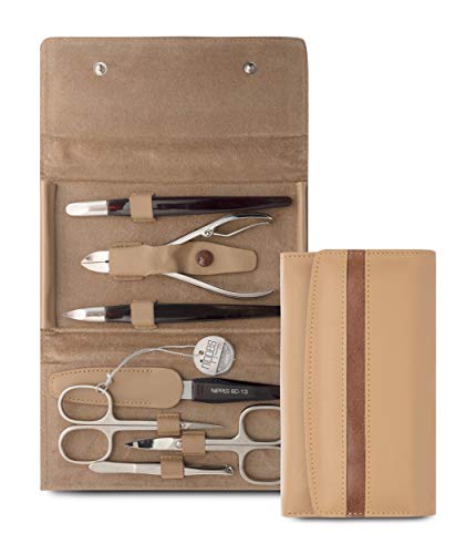 Nippes Solingen Seam - Set de manicura (7 piezas, estuche de piel de vacuno con botón de presión, Nippes Premium Line), color beige