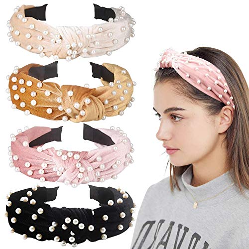 Noblik Diademas De Perlas para Mujeres 4PCS Anchas De Terciopelo Nudo Cruzado De Turbante Diadema De Aro De Pelo Lindo para Ni？As Adulto Adornos De Fiesta De Navidad De Halloween Cabello