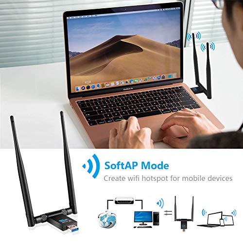 N/P Adaptador WiFi USB 3.0 Dongle Receptor Inalámbrico 1200Mbps Doble Banda 5GHz/867Mbps 2.4GHz/300Mbps Dual Antena 5dBi para PC/Desktop/Laptop Windows XP/Vista/7/8/10 Linux Mac OS