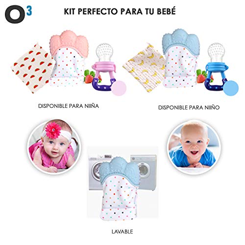 O³ Guante Dentición Bebé Lola Kids + 1 Gasas Bebe Algodon Muselina + 1 Chupete Fruta – 2 Versiones | Guante Mordedor Bebé – Ayuda La Dentición – Protege Las Manos – Mordedor Bebes Frio – Niño