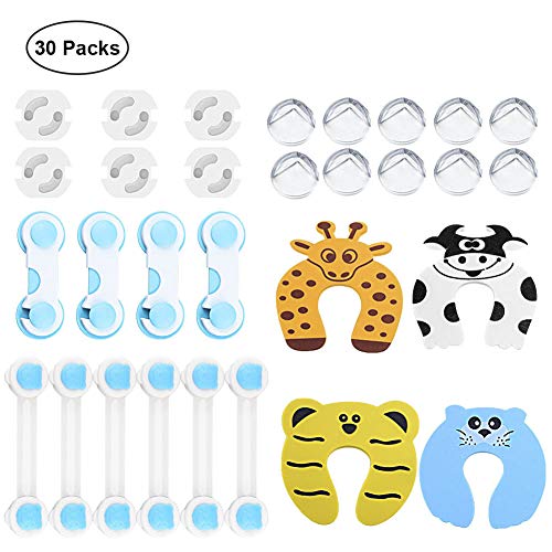 OFUN 30 Piezas Seguridad Bebe Kit, (10 Bebé de Seguridad Bloqueo, 10 Protector de Seguridad para Niños, 6 Protector Enchufes, 4 Protectores Puertas Bebe), Pegamento de Acrílico Más Fuerte