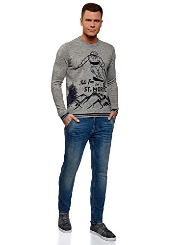 oodji Ultra Hombre Jersey de Punto con Estampado Decorativo Navideño de Invierno, Gris, ES 50 / M