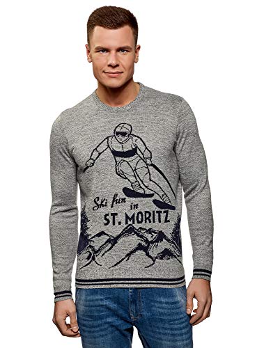 oodji Ultra Hombre Jersey de Punto con Estampado Decorativo Navideño de Invierno, Gris, ES 50 / M