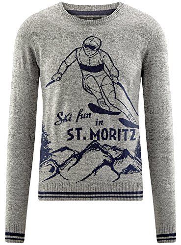 oodji Ultra Hombre Jersey de Punto con Estampado Decorativo Navideño de Invierno, Gris, ES 50 / M