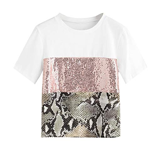 OPAKY Moda para Mujer Patchwork Estampado de Leopardo Manga de Lentejuelas Camiseta Blusa Informal Camiseta Mangas de Corto para Mujer con Lentejuelas Doble Cara Holgada con Brillo para Mujer