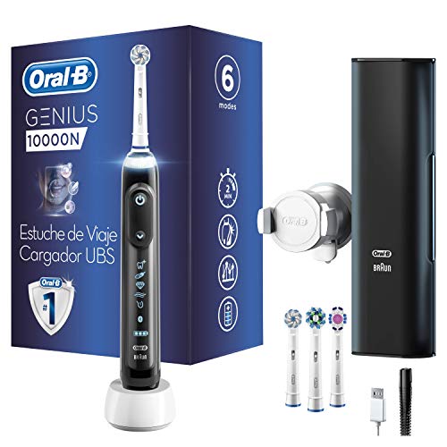 Oral-B Genius 10000N Sensi Ultrathin - Cepillo Eléctrico, 1 Negro Mango Conectado, 6 Modos Blanqueado, Sensible, Encías, 4 Cabezales, Funda de Viaje con Puerto USB