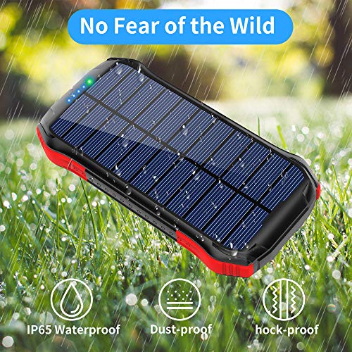 ORITO Cargador Solar Portátil Power Bank Solar 16000mAh, Batería Externa Solar con Carga Rápida 2 Salidas USB y 1 Entrada USB-C IP65 Impermeable 15 LED Linterna SOS 4 Modos, para Smartphones y iPad