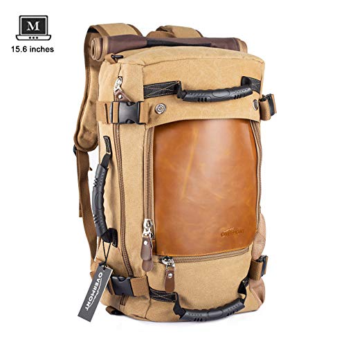 Overmont 40L Multifuncional portátil Vintage Mochila Bolsa Macuto de Lona Cuero para excursión Camping Senderismo Acampada Viaje activiadad al Aire Libre Caqui/Negro