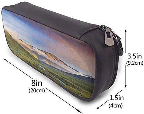 Paisaje Cuero Zip-Lock Bolsa de maquillaje cosmético Bolsa Bolígrafo Estuche para lápices Prado sereno con estrechas montañas del lecho del río Arco iris Hierba Nubes Niebla durante el día