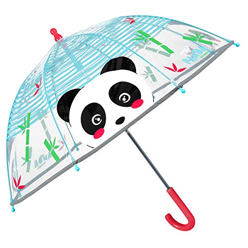 Paraguas Transparente Panda Niño Niña - Paraguas Infantil Cupula Burbuja Reflectante Oso Rayas Azules Mango Rojo - Ligero Resistente Antiviento Fibra Vidrio Manual 3/6 Años Diametro 64 cm - Perletti