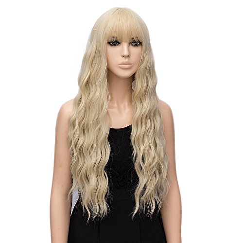 Peluca rubia clara para mujer peluca larga con pelucas de cabello sintético resistente al calor en forma de ondas con flecos para la fiesta de cosplay