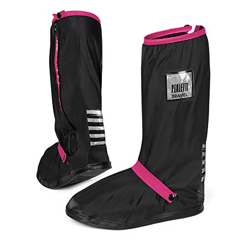 PERLETTI - Cubrecalzados Impermeables Negros Altos - Cubrezapatillas Reflectantes Antideslizantes - Galochas Lluvia Nieve - Protectores Zapatos PVC Resistentes y Reutilizables (S 36/39, Fuchsia)