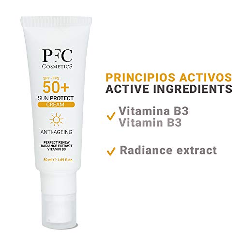 PFC Cosmetic Crema Solar Mineral Sun Protect SPF 50+ Antiaging Protección solar con Vitamina B3 Perfect Renew Radiance Extract Locción Solar con Protección UVA UVB Duradera Transpirable e Hidratante.