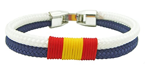 Pi2010 - Pulsera Marino y Blanco/Bandera de España Trenzada en Frontal/Grosor 4mm / Talla 17cm / Recomendable medirse la muñeca/Hecho a Mano en España