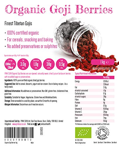 PINK SUN Bayas de Goji Organicas 1kg Crudas Mejor Tamaño Grande Tibetano Tibetan Raw Organic Goji Berries 1000g Bulk