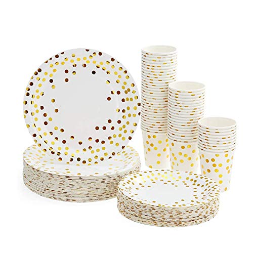 Platos Desechables y Vasos Cumpleaños, Juego de 180 Piezas Vasos de Carton y Plates con Patrón Dorado - 60 Vasos de Papel 270ml - 60 Platos de Postre 7"- 60 Platos Grandes 9"